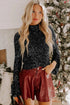 Sequin Mock Neck Drape Open Back Bell Sleeve Lined Top